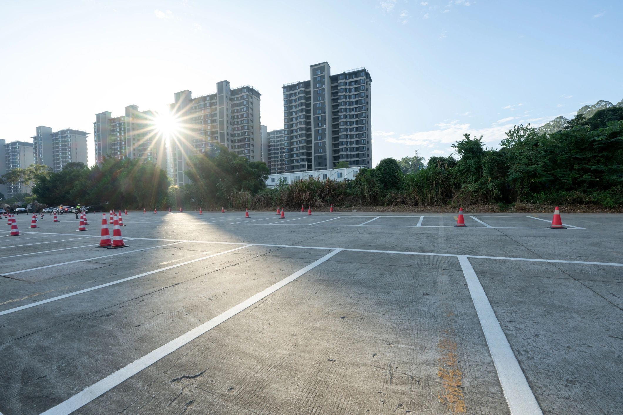 Fresh parking lot striping with long visible lane lines